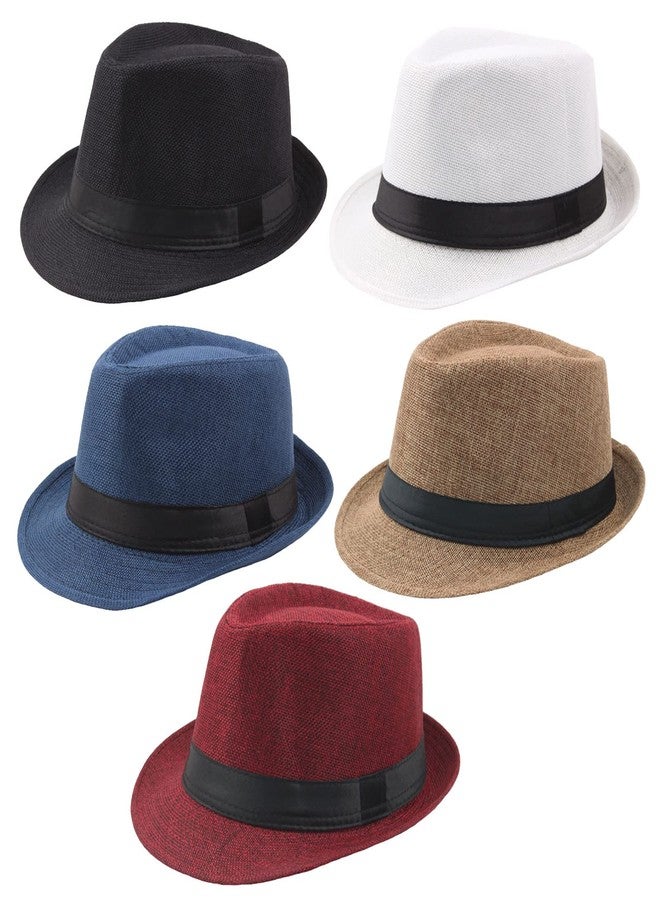 Ultrafun 5 Pack Short Brim Fedora Classic Summer Beach Sun Hat Panama Straw Cap for Men Women (Medium, 5Pack-Black+White+Khaki+Blue+Wine Red) - Image 1
